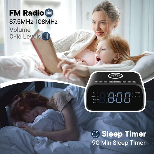 Bluetooth Alarm Clock with Speaker Wireless Charging Dual Clock Radio for Bedrooms Dimmable Led Digital Display