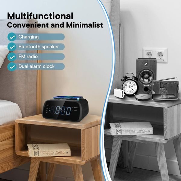 Bluetooth Alarm Clock with Speaker Wireless Charging Dual Clock Radio for Bedrooms Dimmable Led Digital Display