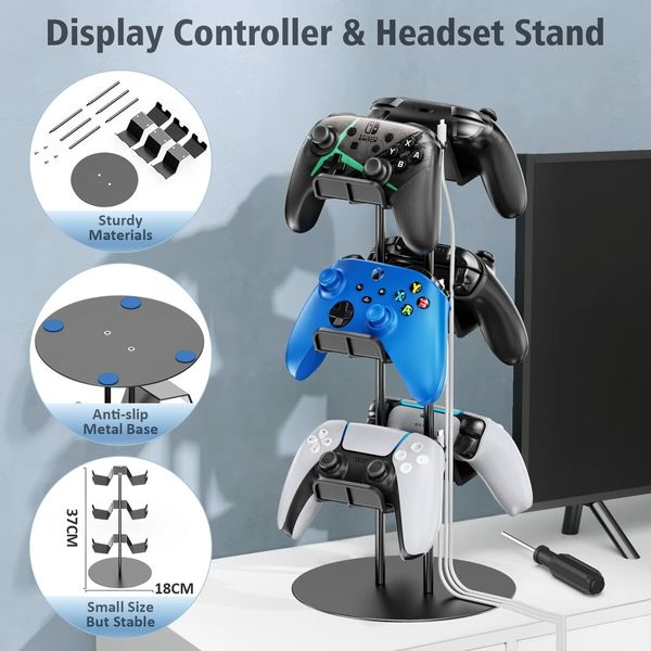 Controller Stand 3 Tiers with Cable Organizer for Desk Compatible with Xbox PS5 PS4 Nintendo Switch Headset Holder