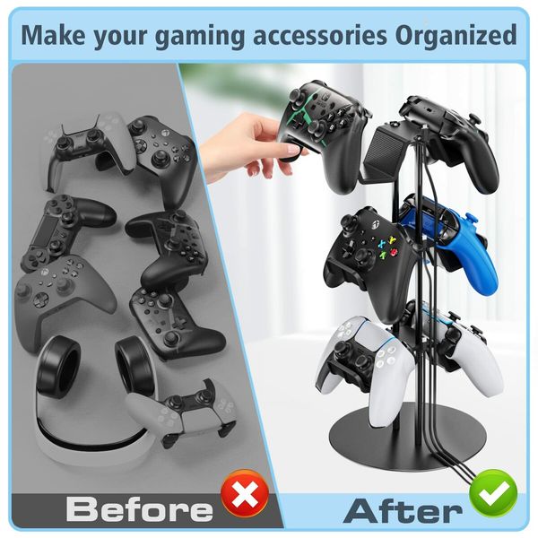 Controller Stand 3 Tiers with Cable Organizer for Desk Compatible with Xbox PS5 PS4 Nintendo Switch Headset Holder