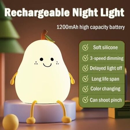 Night Light Cute Silicone Nursery Pear Lamp Squishy Night Lamp for Bedroom Kawaii Bedside Lamp for Kids Room (Pear)