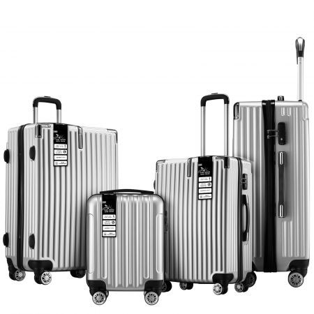 4 Piece Carry On Luggage Set Suitcases Hard Shell Traveller Bag Rolling Trolley Checked TSA Lock Front Hook Lightweight Silver