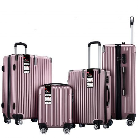 4 Piece Luggage Set Carry On Traveller Suitcases Hard Shell Rolling Trolley Checked Bag TSA Lock Front Hook Lightweight Rose Gold 