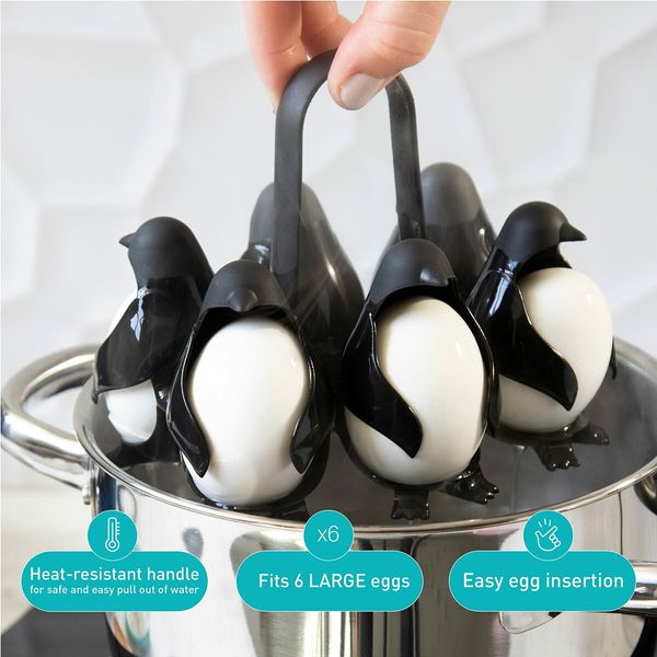 Penguin Style 3-in-1 Cooker Store and Serve Egg Holder, Penguin-Shaped Boiled Egg Cooker for Making Soft or Hard Boiled Eggs, Eggies, Holds 6 Eggs for Easy Cooking and Fridge Storage