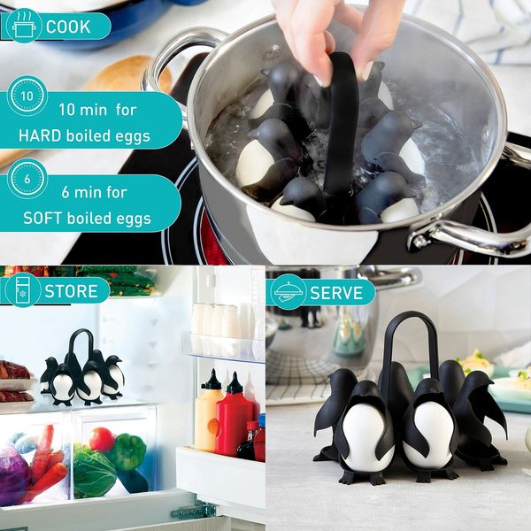 Penguin Style 3-in-1 Cooker Store and Serve Egg Holder, Penguin-Shaped Boiled Egg Cooker for Making Soft or Hard Boiled Eggs, Eggies, Holds 6 Eggs for Easy Cooking and Fridge Storage