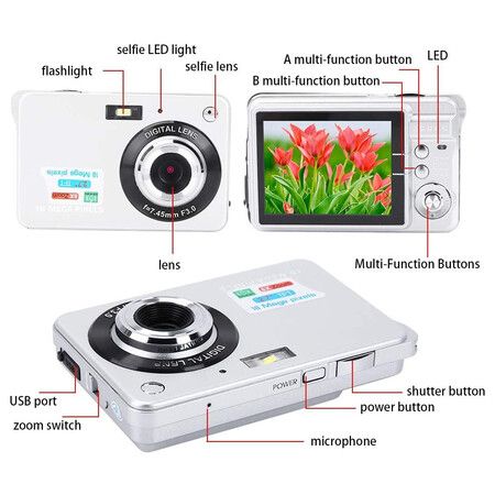 Digital Camera, 18MP COMS Sensor, HD Digital Video Camera, 8X Zoom Auto Focus Camera, USB 2.0 Port, Built-in Speaker, Battery Operated