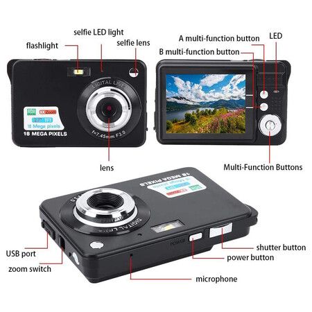 Digital Camera, 18MP COMS Sensor, HD Digital Video Camera, 8X Zoom Auto Focus Camera, USB 2.0 Port, Built-in Speaker, Battery Operated