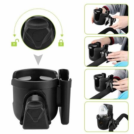 Stroller Cup Holder with Phone Holder,Bike Cup Holder,2-in-1 Universal Cup Phone Holder for Stroller,Bike,Wheelchair,Walker,Scooter (Black)