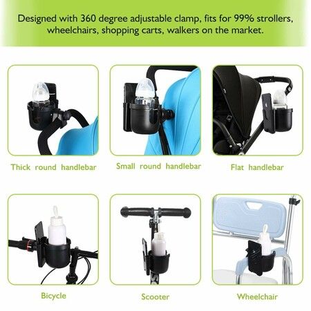 Stroller Cup Holder with Phone Holder,Bike Cup Holder,2-in-1 Universal Cup Phone Holder for Stroller,Bike,Wheelchair,Walker,Scooter (Black)