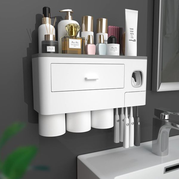 Toothbrush Holders for Bathrooms,3 Cups Toothbrush Holder Wall Mounted with Toothpaste Dispenser,Large Capacity Tray,Cosmetic Drawer and 6 Brush Slots with Cover Tooth Brush Holder