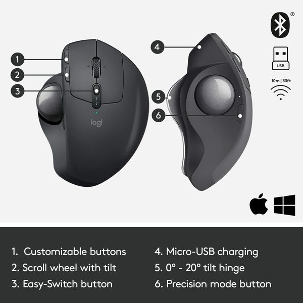 Wireless Trackball Mouse Adjustable Ergonomic Control Move Text/Images/Files Between 2 Windows Graphite - Black