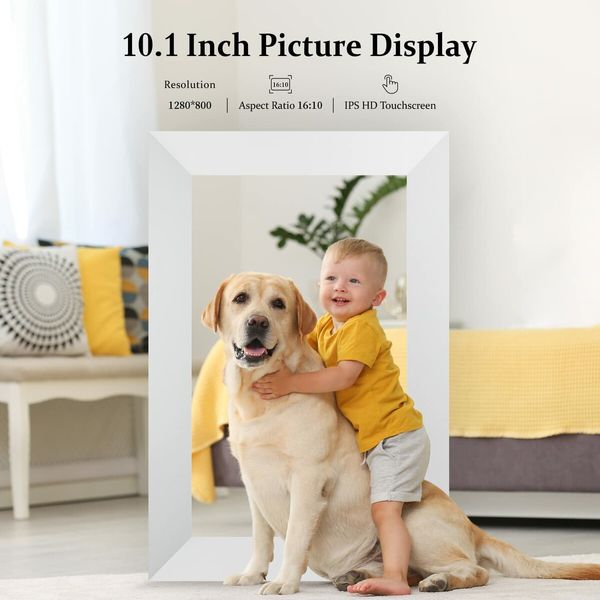 10.1 Inch WiFi Digital Picture Frame,IPS Touch Screen Smart Cloud Photo Frame with 16GB Storage,Easy Setup to Share Photos or Videos via Frameo APP,Auto-Rotate,Wall Mountable (White)