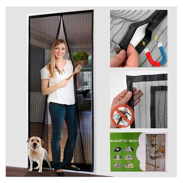 100x210cm Magnetic Screen Curtain Door Hook&Loop Pet Screen Door Fit Door Size Keep Bugs Out Black