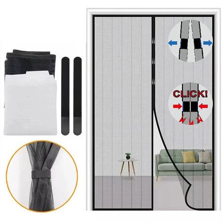 100x210cm Magnetic Screen Curtain Door Hook&Loop Pet Screen Door Fit Door Size Keep Bugs Out Black