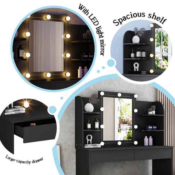 Modern Dressing Table Makeup Desk Vanity Table Stool Set with LED Lights Mirror Drawers-Black