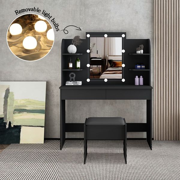 Modern Dressing Table Makeup Desk Vanity Table Stool Set with LED Lights Mirror Drawers-Black