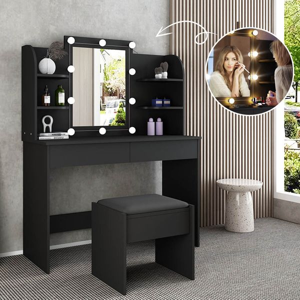 Modern Dressing Table Makeup Desk Vanity Table Stool Set with LED Lights Mirror Drawers-Black