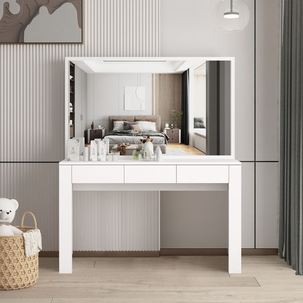 White Dressing Table Vanity Makeup Bedroom with Big Mirror Dresser Modern Wooden Furniture Drawers Storage 