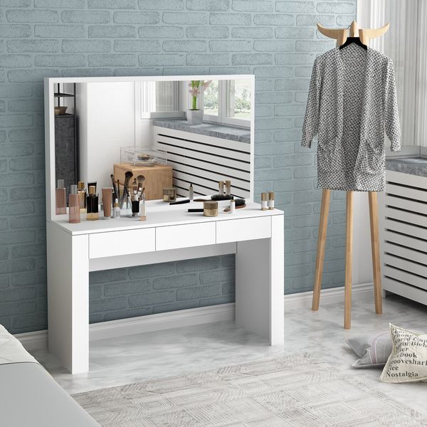 White Dressing Table Vanity Makeup Bedroom with Big Mirror Dresser Modern Wooden Furniture Drawers Storage 