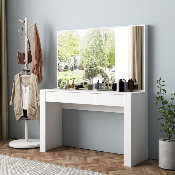 White Dressing Table Vanity Makeup Bedroom with Big Mirror Dresser Modern Wooden Furniture Drawers Storage 