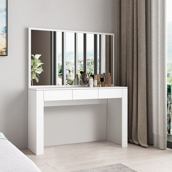 White Dressing Table Vanity Makeup Bedroom with Big Mirror Dresser Modern Wooden Furniture Drawers Storage 