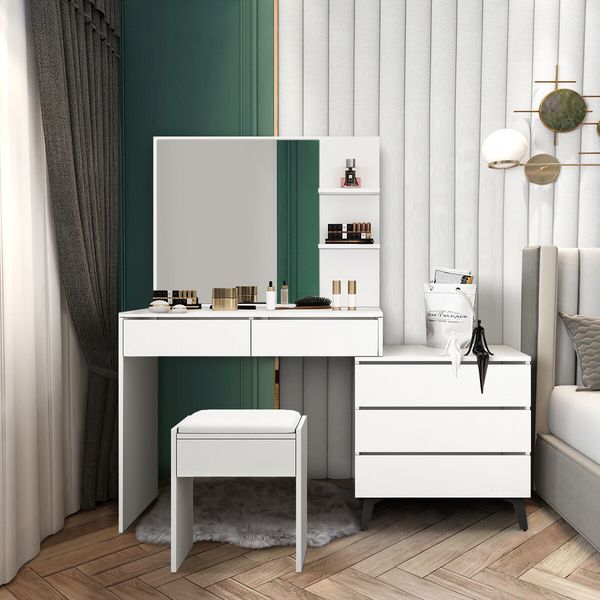 Dressing Table Set Makeup Vanity Mirrored Drawers Storage White Dresser Stool Modern Wooden Furniture Adjustable