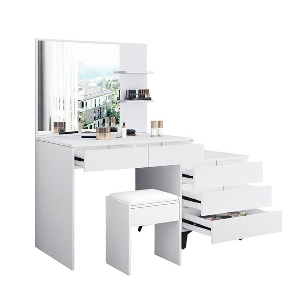 Dressing Table Set Makeup Vanity Mirrored Drawers Storage White Dresser Stool Modern Wooden Furniture Adjustable