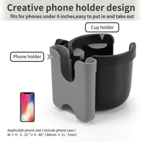 Stroller Cup Holder with Phone Holder,Bike Cup Holder,2-in-1 Universal Cup Phone Holder for Stroller,Bike,Wheelchair,Walker,Scooter (Grey)