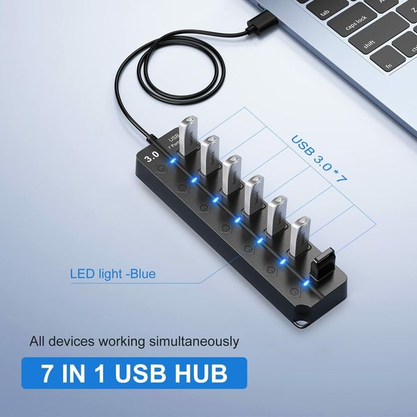 USB Hub 3.0,7-Port USB Hub Splitter with Individual On/Off Switches and Lights,3.2ft/1m Long Cable Compatible with MacBook,Laptop,Surface Pro,PS4,PC,Flash Drive,Mobile HDD