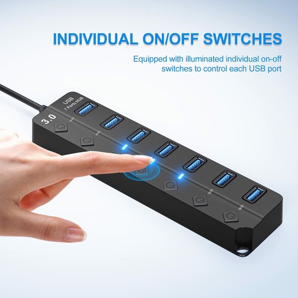 USB Hub 3.0,7-Port USB Hub Splitter with Individual On/Off Switches and Lights,3.2ft/1m Long Cable Compatible with MacBook,Laptop,Surface Pro,PS4,PC,Flash Drive,Mobile HDD