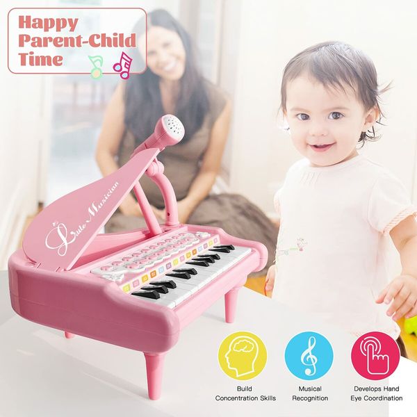 Mini Piano Toy Keyboard for Kids Birthday Gift Age 1+ Pink 24 Keys Toddler Piano Music Toy Instruments with Microphone-Pink