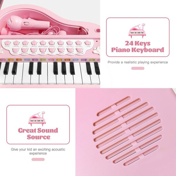 Mini Piano Toy Keyboard for Kids Birthday Gift Age 1+ Pink 24 Keys Toddler Piano Music Toy Instruments with Microphone-Pink