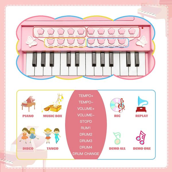 Mini Piano Toy Keyboard for Kids Birthday Gift Age 1+ Pink 24 Keys Toddler Piano Music Toy Instruments with Microphone-Pink