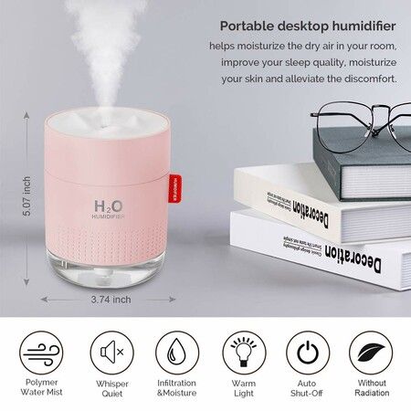 Portable Mini Humidifier,500ml Small Cool Mist Humidifier,USB Personal Desktop Humidifier,Auto Shut-Off,2 Mist Modes,Super Quiet (Pink)