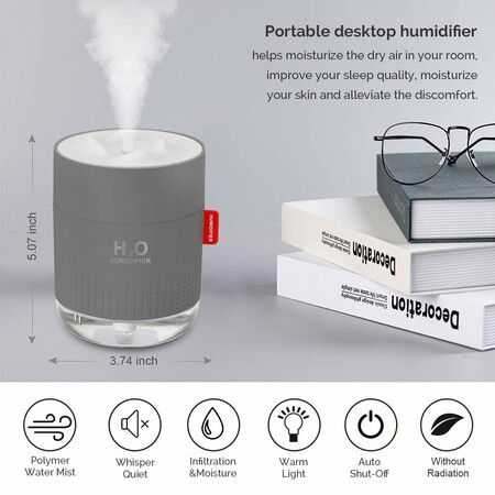 Portable Mini Humidifier,500ml Small Cool Mist Humidifier,USB Personal Desktop Humidifier for Baby Bedroom Travel Office Home,Auto Shut-Off,2 Mist Modes,Super Quiet (Grey)