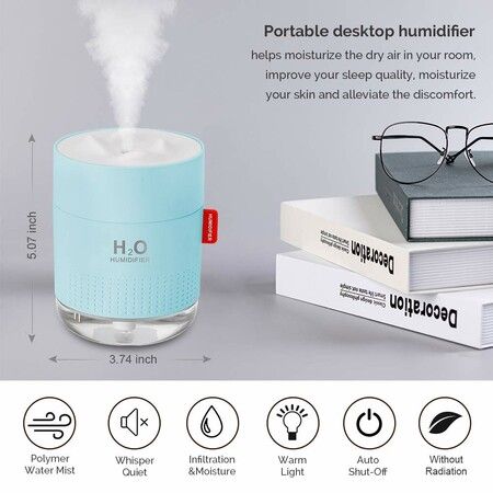Portable Mini Humidifier,500ml Small Cool Mist Humidifier,USB Personal Desktop Humidifier,Auto Shut-Off,2 Mist Modes,Super Quiet (Blue)