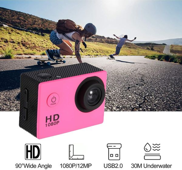 Sports Camera 1080P 12MP Sports Camera Full HD 2.0 Inch Sports Camera 30m/98ft Underwater Waterproof Camera with Installation Accessory Kit Color Pink