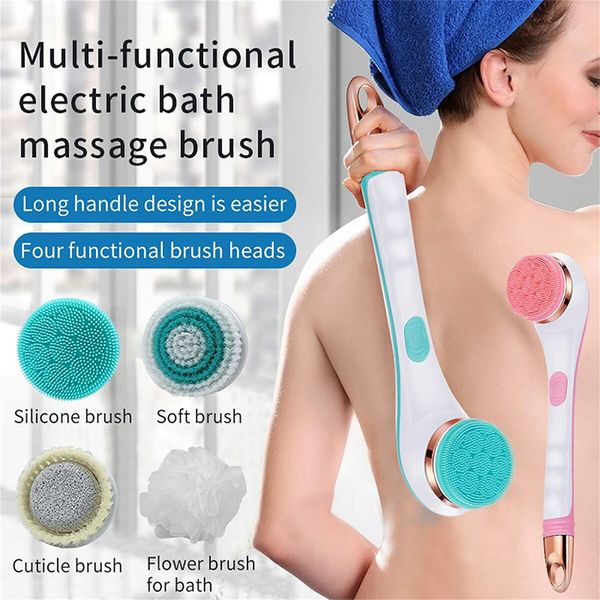 USB Rechargeable Silicone Shower Brush Long Handle Electric Scrubber 4 in 1 Body Scrub and Deep Cleaning Massage,1 Pack (Pink)