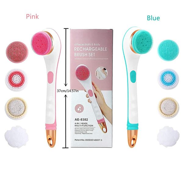 USB Rechargeable Silicone Shower Brush Long Handle Electric Scrubber 4 in 1 Body Scrub and Deep Cleaning Massage,1 Pack (Pink)