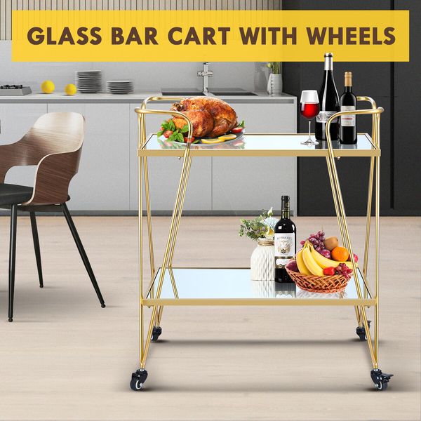 Gold Bar Cart Coffee Trolley Serving Drinks Liquor Tea Wine Cocktail Alcohol Whiskey Trolly Beverage 4 Rolling Wheels 2 Trays Mirrored Glass