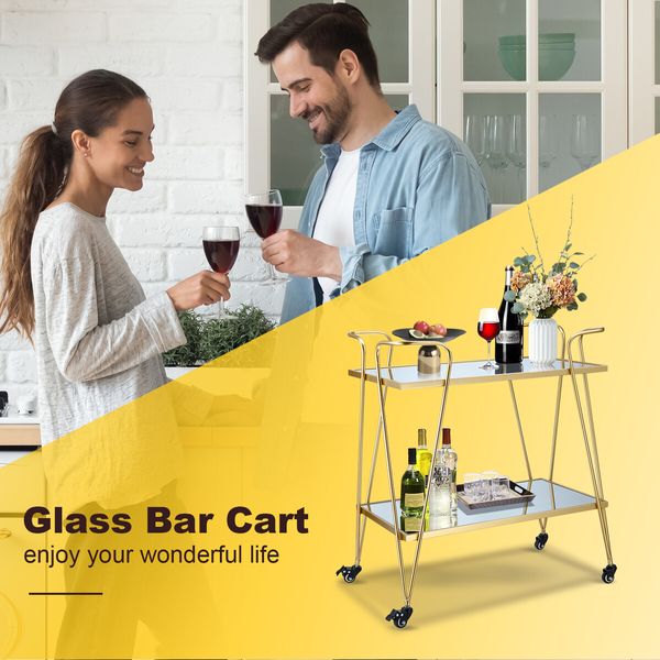 Gold Bar Cart Coffee Trolley Serving Drinks Liquor Tea Wine Cocktail Alcohol Whiskey Trolly Beverage 4 Rolling Wheels 2 Trays Mirrored Glass