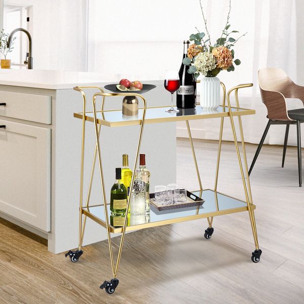 Gold Bar Cart Coffee Trolley Serving Drinks Liquor Tea Wine Cocktail Alcohol Whiskey Trolly Beverage 4 Rolling Wheels 2 Trays Mirrored Glass