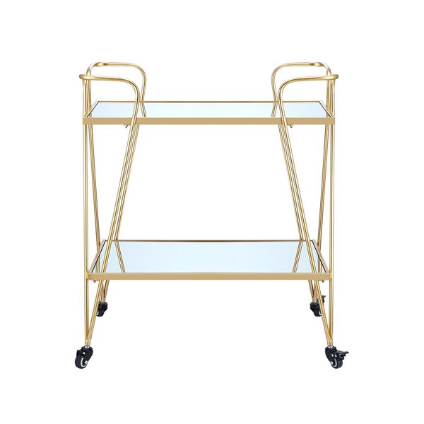 Gold Bar Cart Coffee Trolley Serving Drinks Liquor Tea Wine Cocktail Alcohol Whiskey Trolly Beverage 4 Rolling Wheels 2 Trays Mirrored Glass