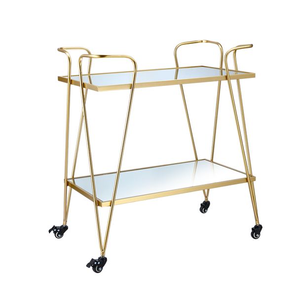 Gold Bar Cart Coffee Trolley Serving Drinks Liquor Tea Wine Cocktail Alcohol Whiskey Trolly Beverage 4 Rolling Wheels 2 Trays Mirrored Glass