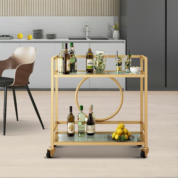 Gold Bar Cart Trolley Serving Drink Coffee Liquor Tea Wine Cocktail Alcohol Whiskey Trolly Rolling Mobile Metal Wheels 2 Tiers Tempered Glass