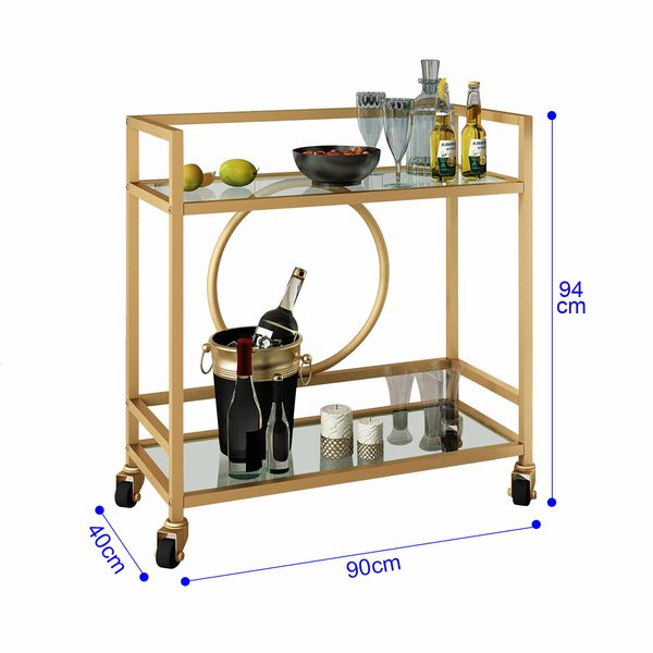 Gold Bar Cart Trolley Serving Drink Coffee Liquor Tea Wine Cocktail Alcohol Whiskey Trolly Rolling Mobile Metal Wheels 2 Tiers Tempered Glass