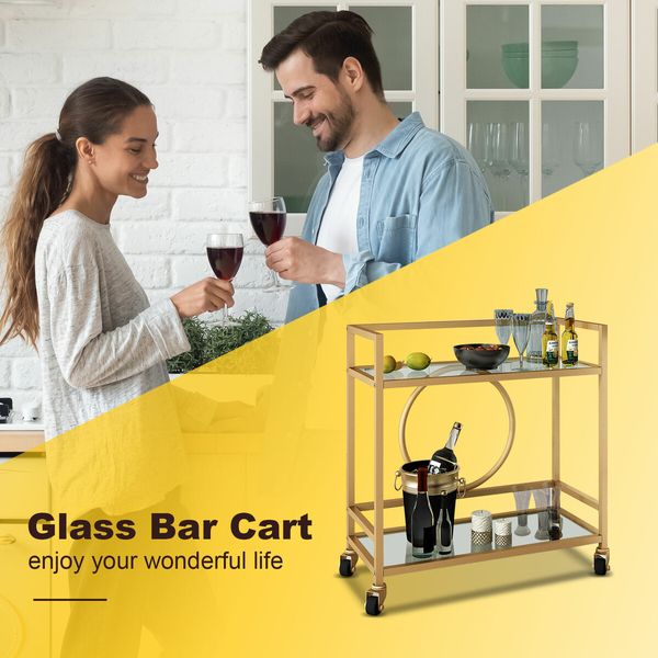 Gold Bar Cart Trolley Serving Drink Coffee Liquor Tea Wine Cocktail Alcohol Whiskey Trolly Rolling Mobile Metal Wheels 2 Tiers Tempered Glass