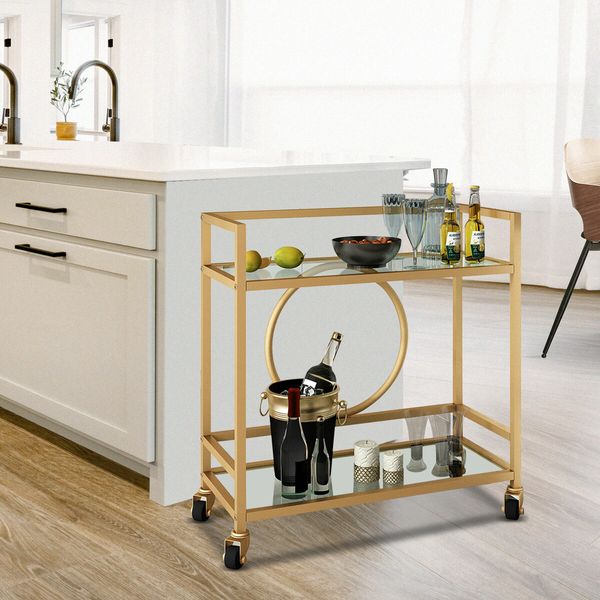 Gold Bar Cart Trolley Serving Drink Coffee Liquor Tea Wine Cocktail Alcohol Whiskey Trolly Rolling Mobile Metal Wheels 2 Tiers Tempered Glass