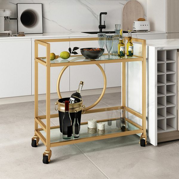 Gold Bar Cart Trolley Serving Drink Coffee Liquor Tea Wine Cocktail Alcohol Whiskey Trolly Rolling Mobile Metal Wheels 2 Tiers Tempered Glass