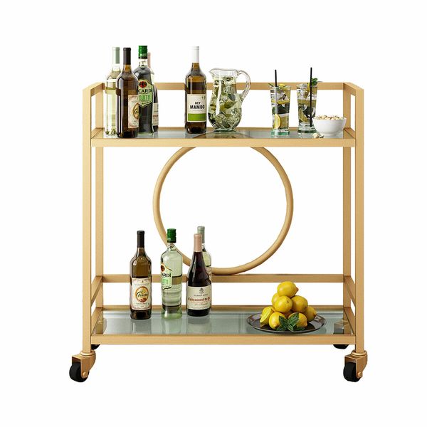 Gold Bar Cart Trolley Serving Drink Coffee Liquor Tea Wine Cocktail Alcohol Whiskey Trolly Rolling Mobile Metal Wheels 2 Tiers Tempered Glass